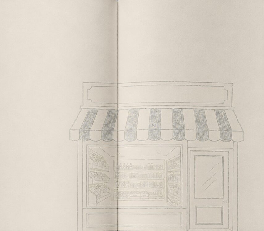 Potloodschets van een winkelpui met gestreepte luifel in een open schetsboek